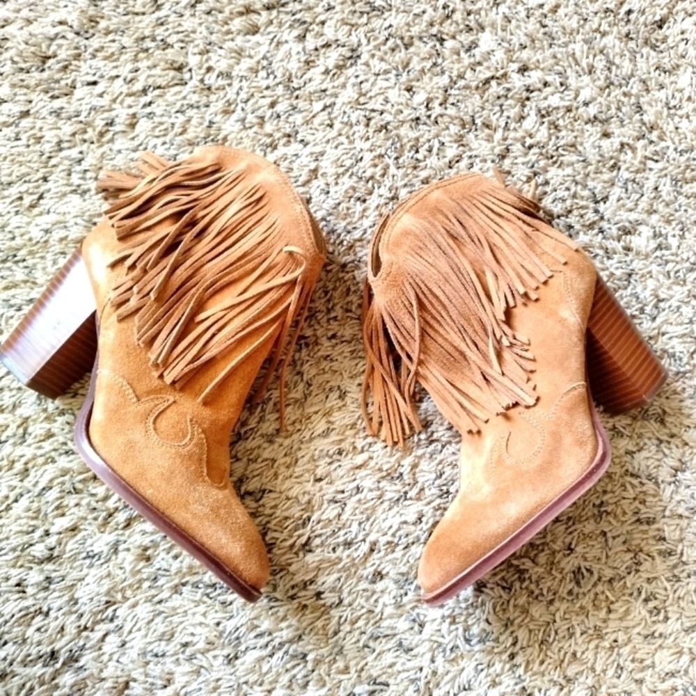 SAM EDELMAN Brown Western Design Fringed Padded Benjie Pointed Toe booties sz7,5 - Picture 1 of 9